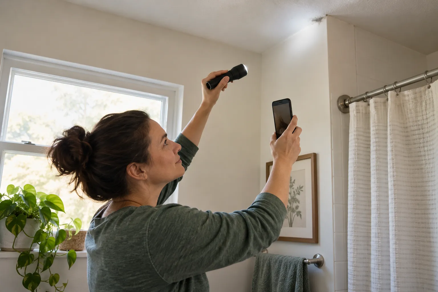 Homeowner checking a ceiling corner for mold in a home in Deltona
