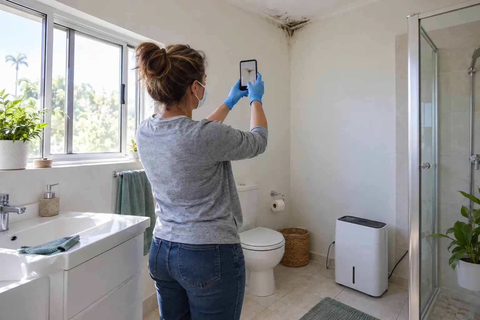 Homeowner in Deltona photographing a small patch of mold on a bathroom wall with a phone